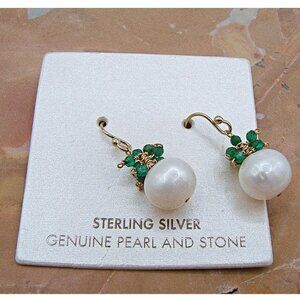 NEW Sterling Silver Genuine Pearl and Green Stone Dangle Earrings Gold Hook NWT
